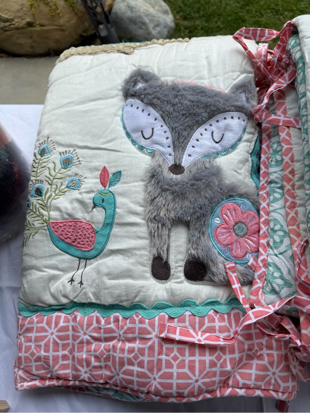 Levtex Coral, Teal & Gray Embroidered Animal Nursery Quilt